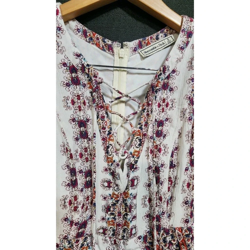 ABERCROMBIE & FITCH Women Maxi Dress Sz Small White Floral Lace‎ Up Boho Hippie